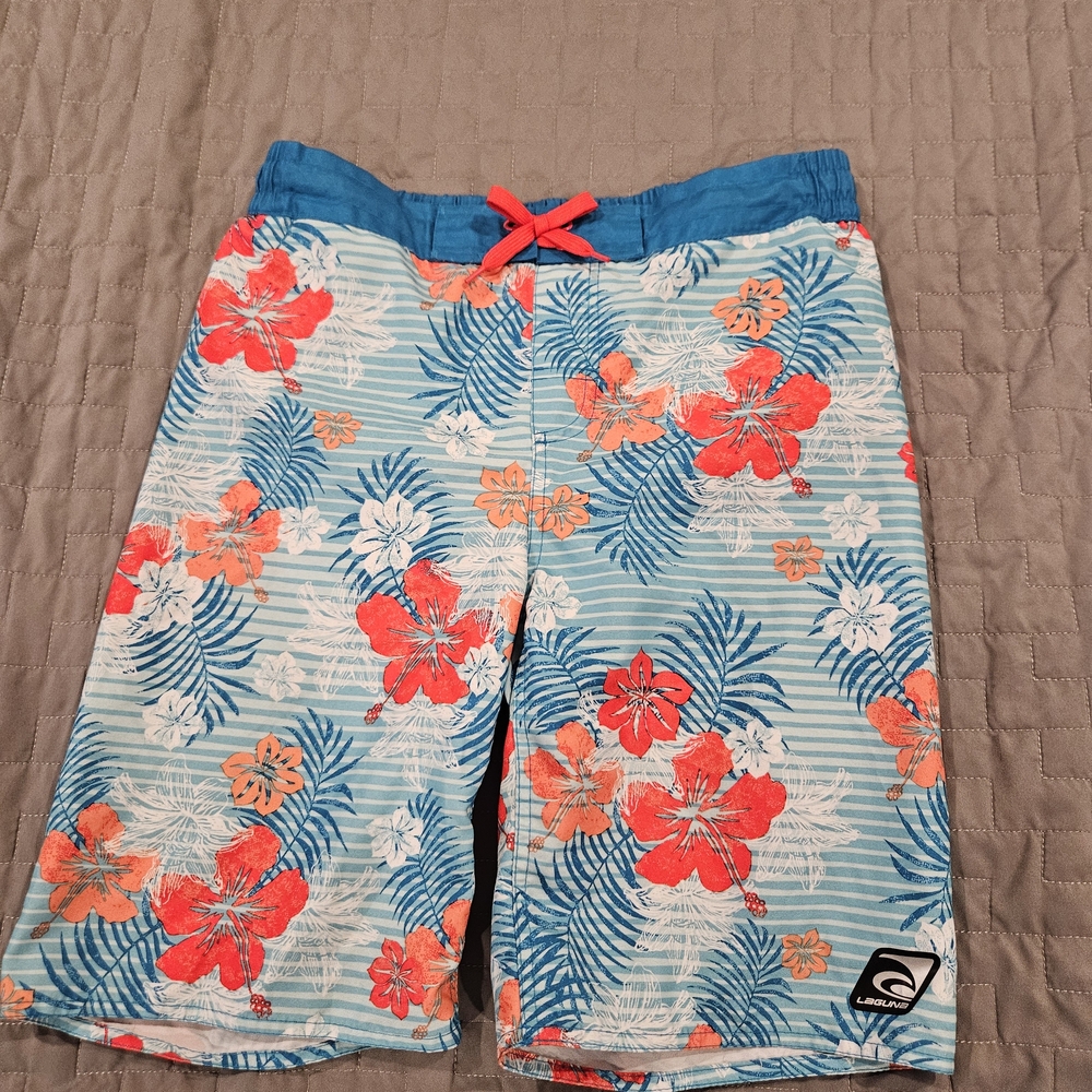 Laguna Tropical Floral Shorts - Blue and Red Lg 14/16